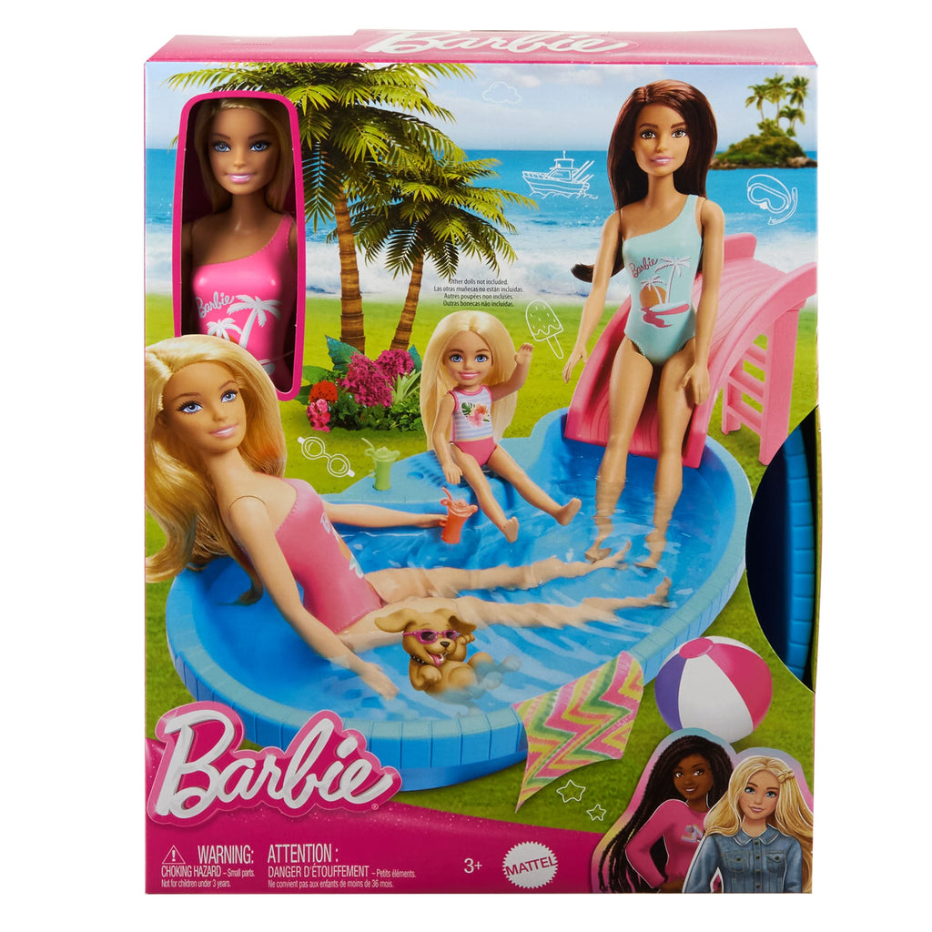 Barbie Coffret de Jeu et Poupée, Blonde, Piscine, Serviette, Boissons