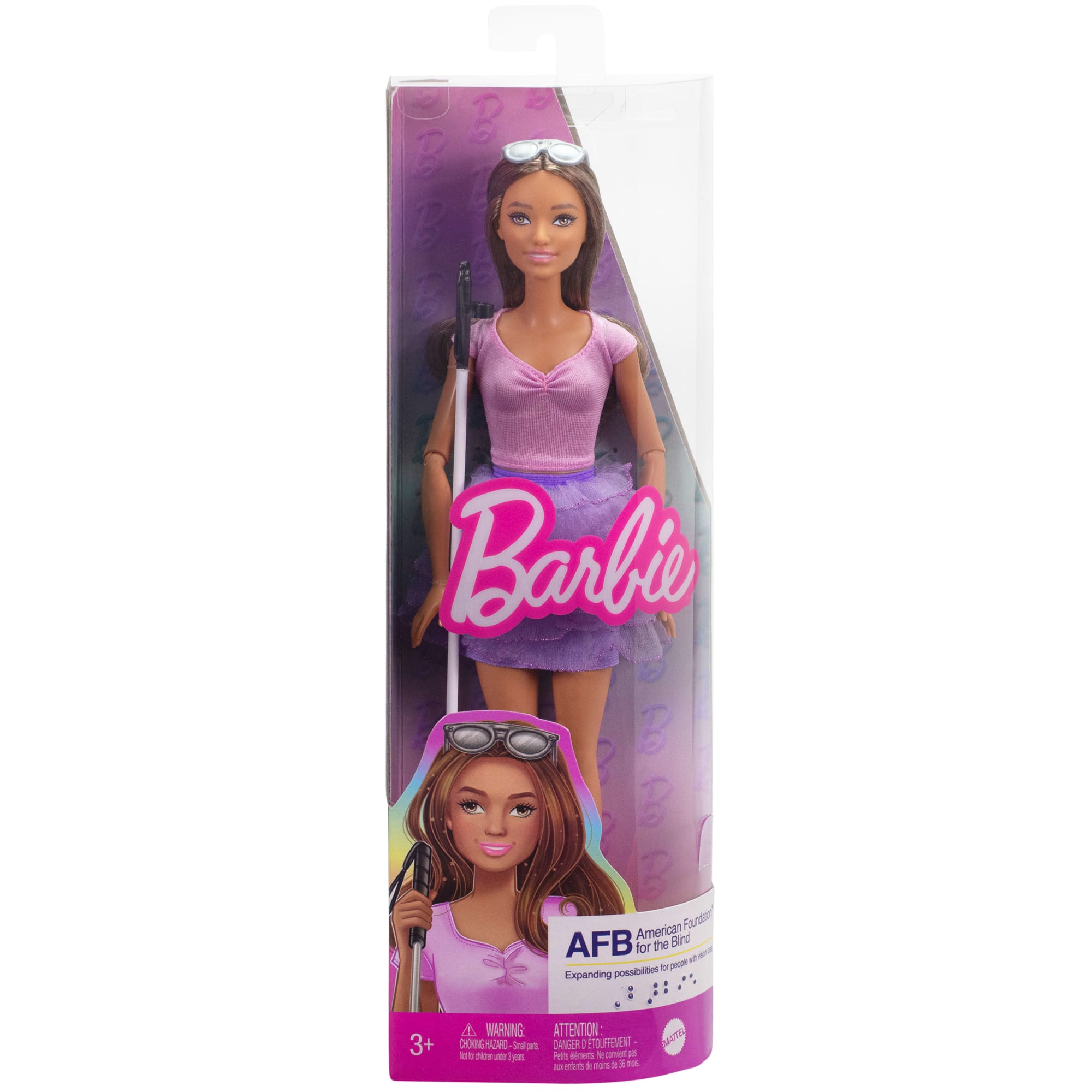Barbie Fashionistas Doll #228, Blind Barbie Doll Wearing Pink Top And Ruffled Skirt With Cane And Sunglasses in Partnership With The American Foundation For The Blind