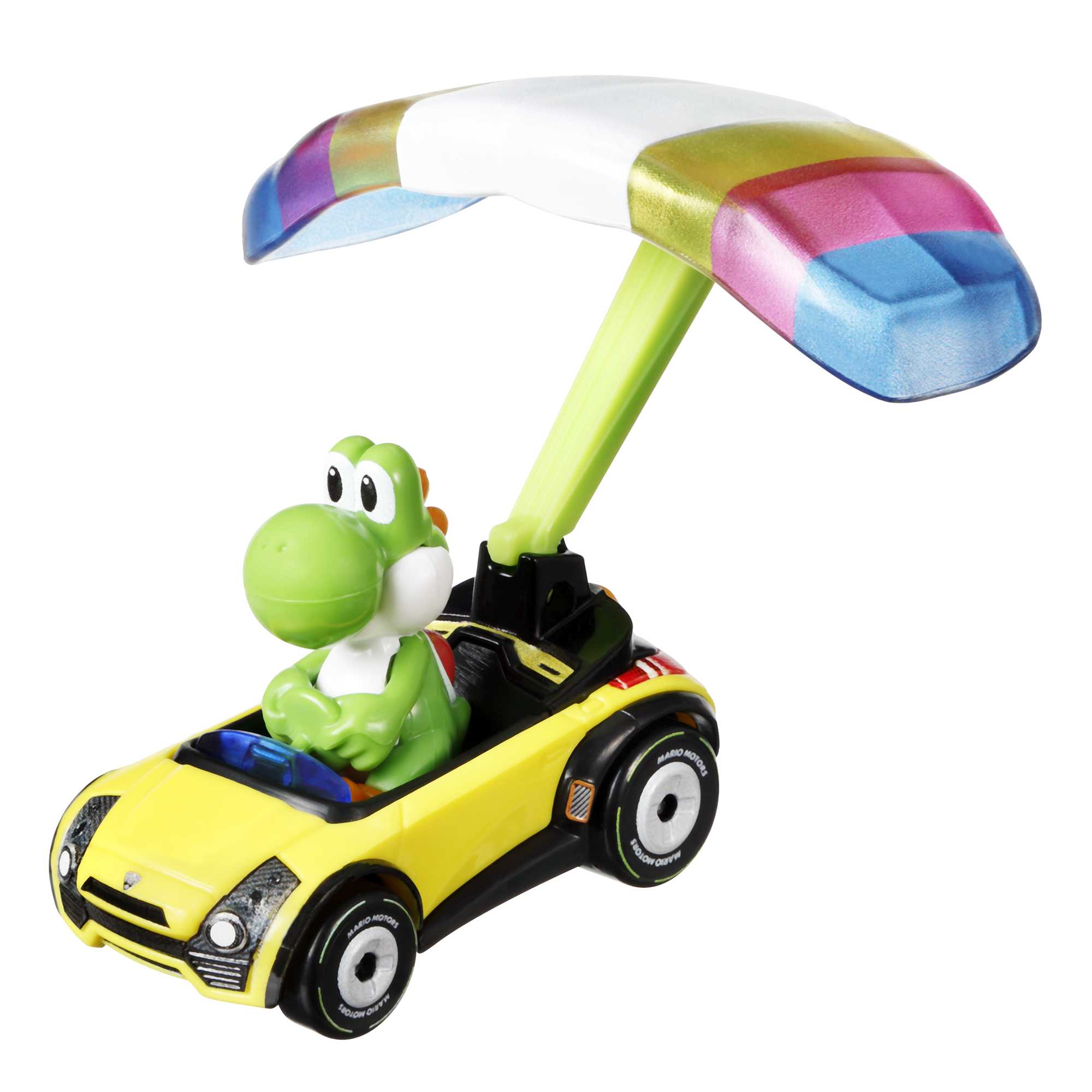 Hot Wheels Mario Kart Vehículo de Juguete Yoshi Sports Coupe con Paracaídas