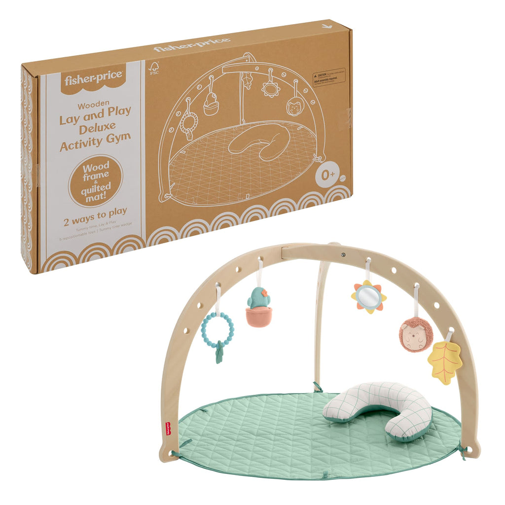 Fisher-Price Wood Baby Playmat Lay & Play Deluxe Activity Gym With Wooden Frame & Tummy Time Sensory Toys For Newborns 0+ Months