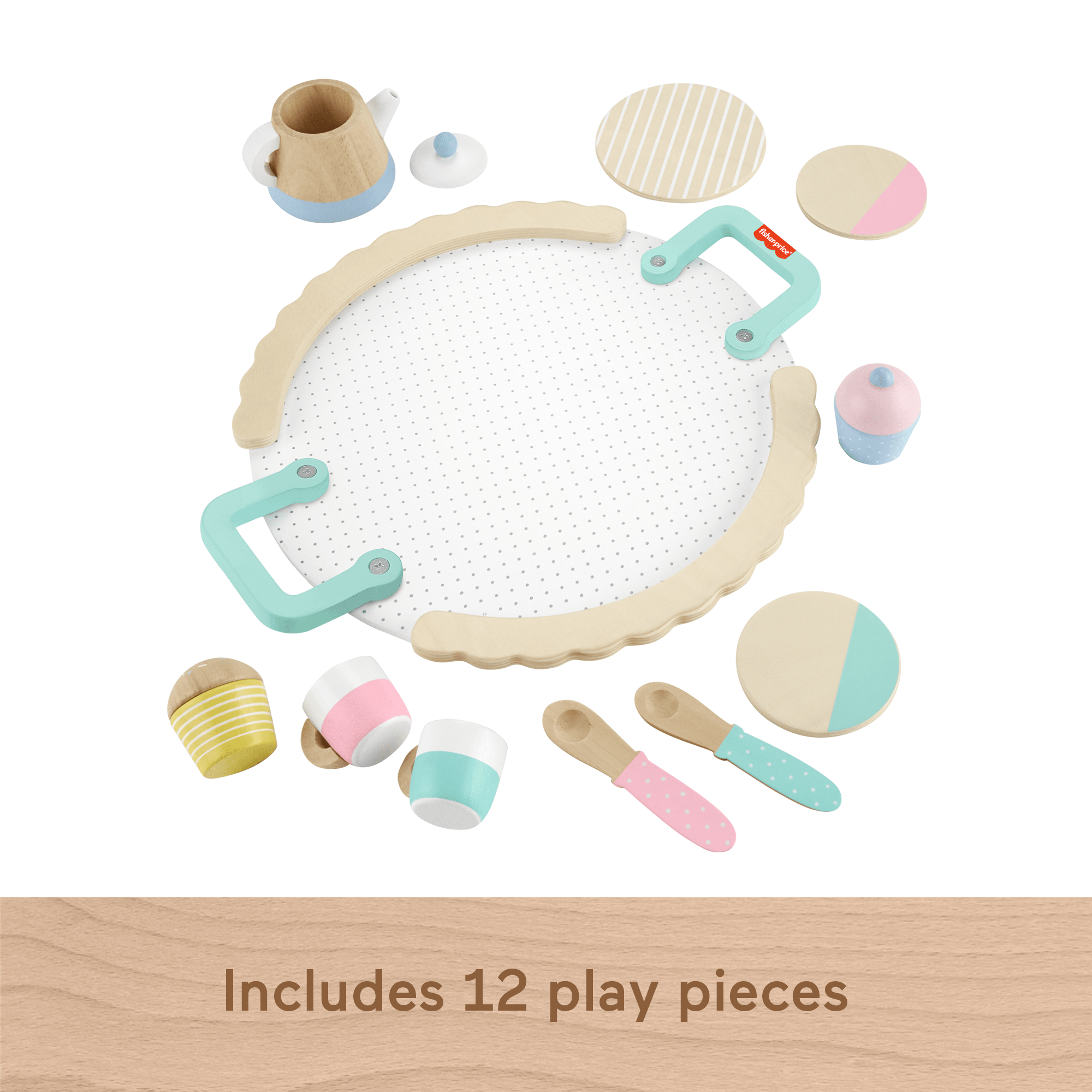 Fisher-Price Wood Pretend Play Toy Tea Set, 12-Piece Wooden Playset With Teapot, Cups & Saucers For Preschool Kids Ages 3+ Years