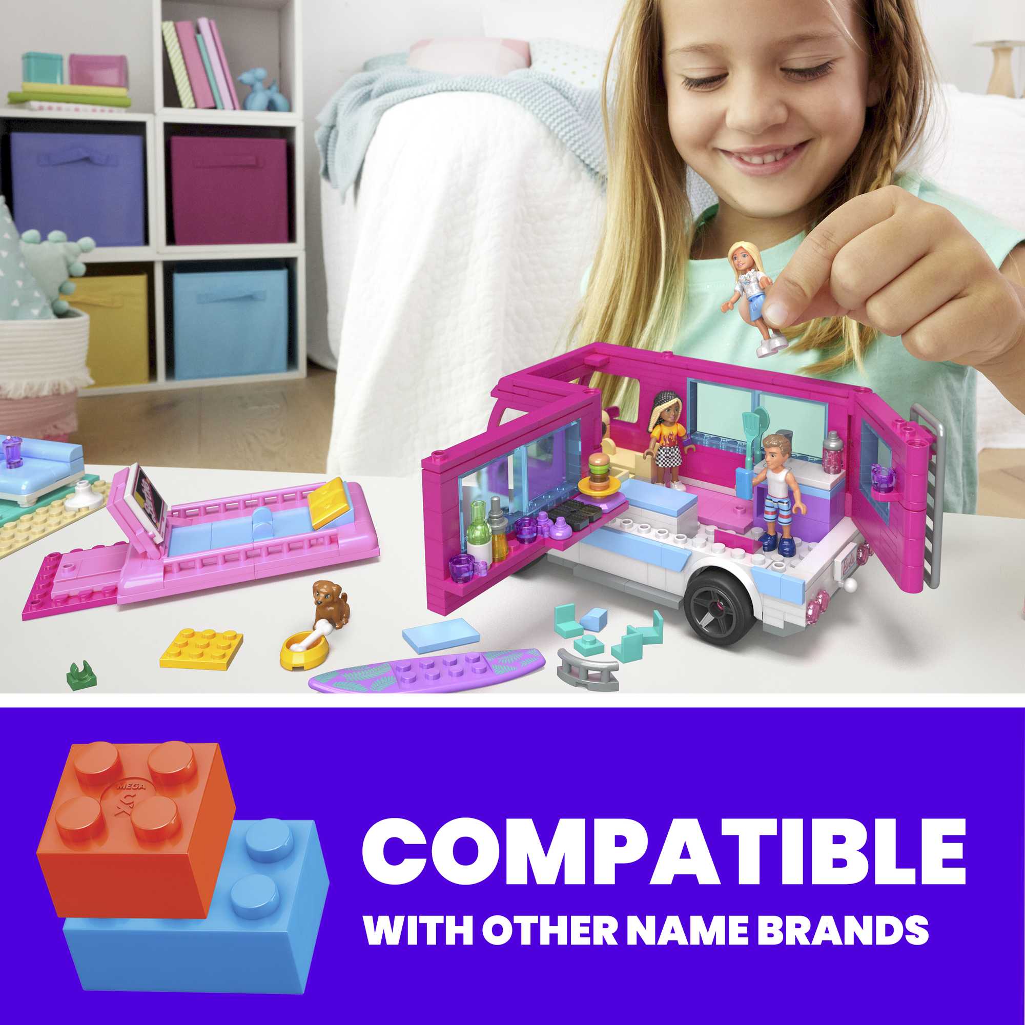 MEGA Barbie Dream Camper Adventure Building Kit Playset With 4 Micro-Dolls (580 Pieces)