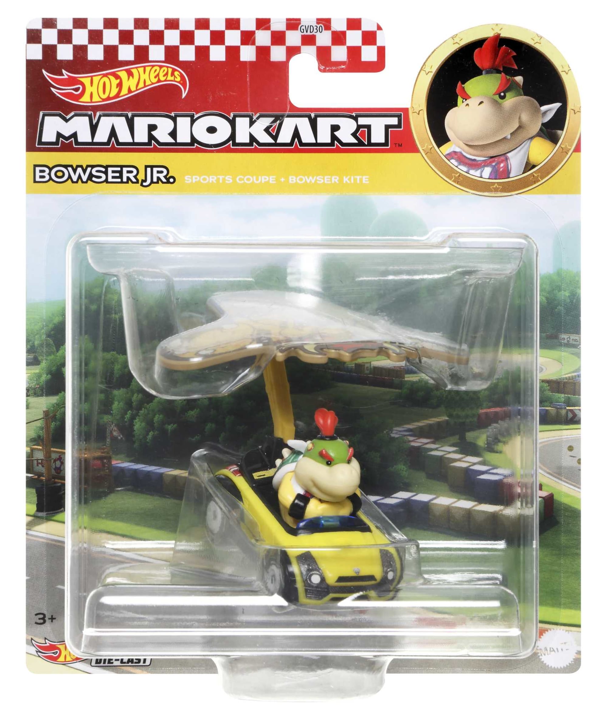 Hot Wheels Mario Kart Veículo de Brinquedo Bowser Jr Sports Coupe com Paraquedas