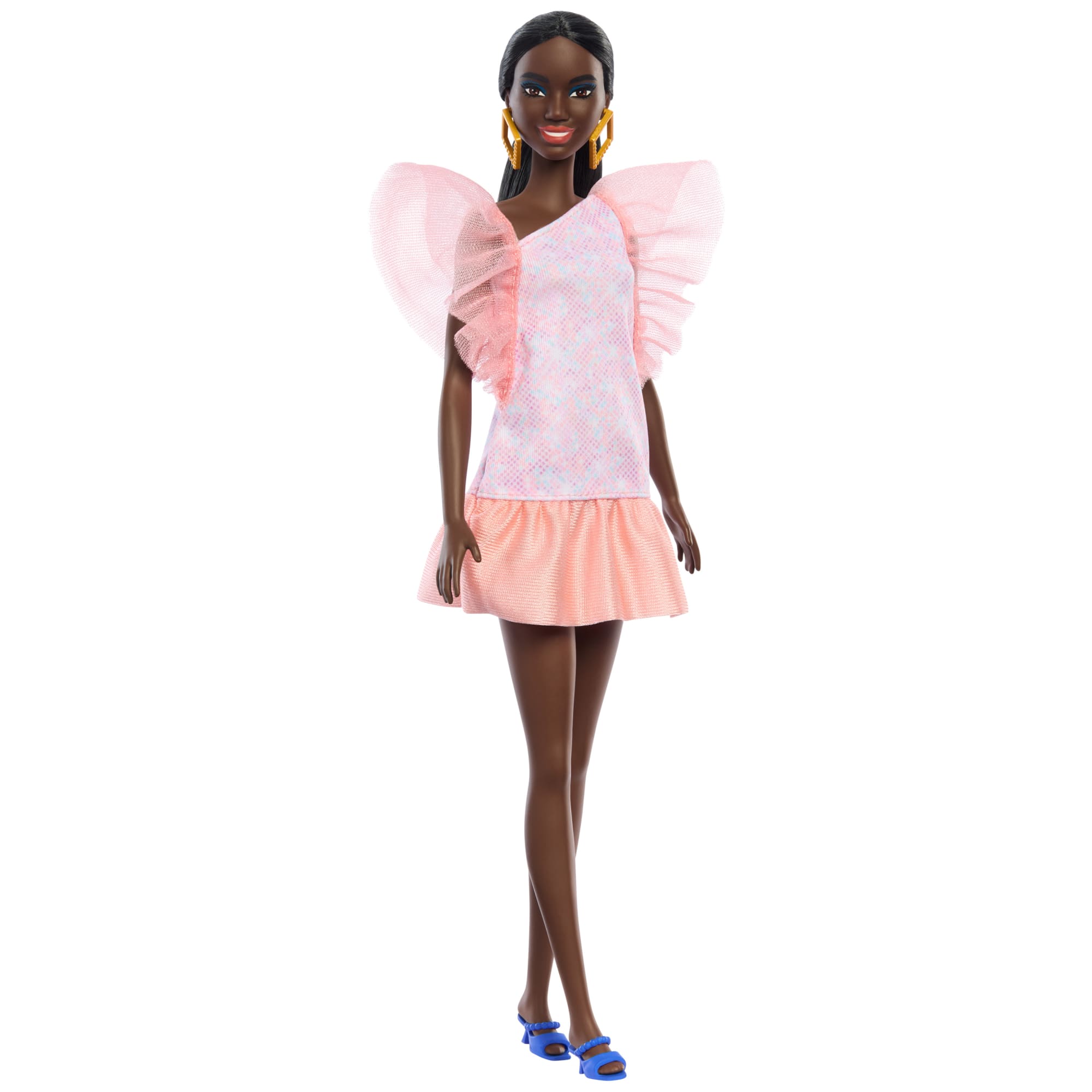 Barbie Fashionistas Doll #216 With Tall Body, Black Straight Hair & Peach Dress, 65Th Anniversary