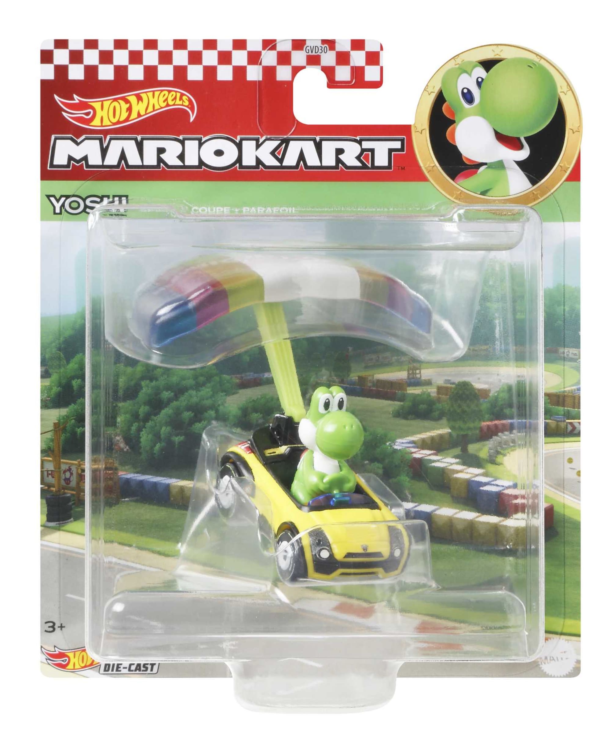 Hot Wheels Mario Kart Veículo de Brinquedo Yoshi Sports Coupê com Paraquedas
