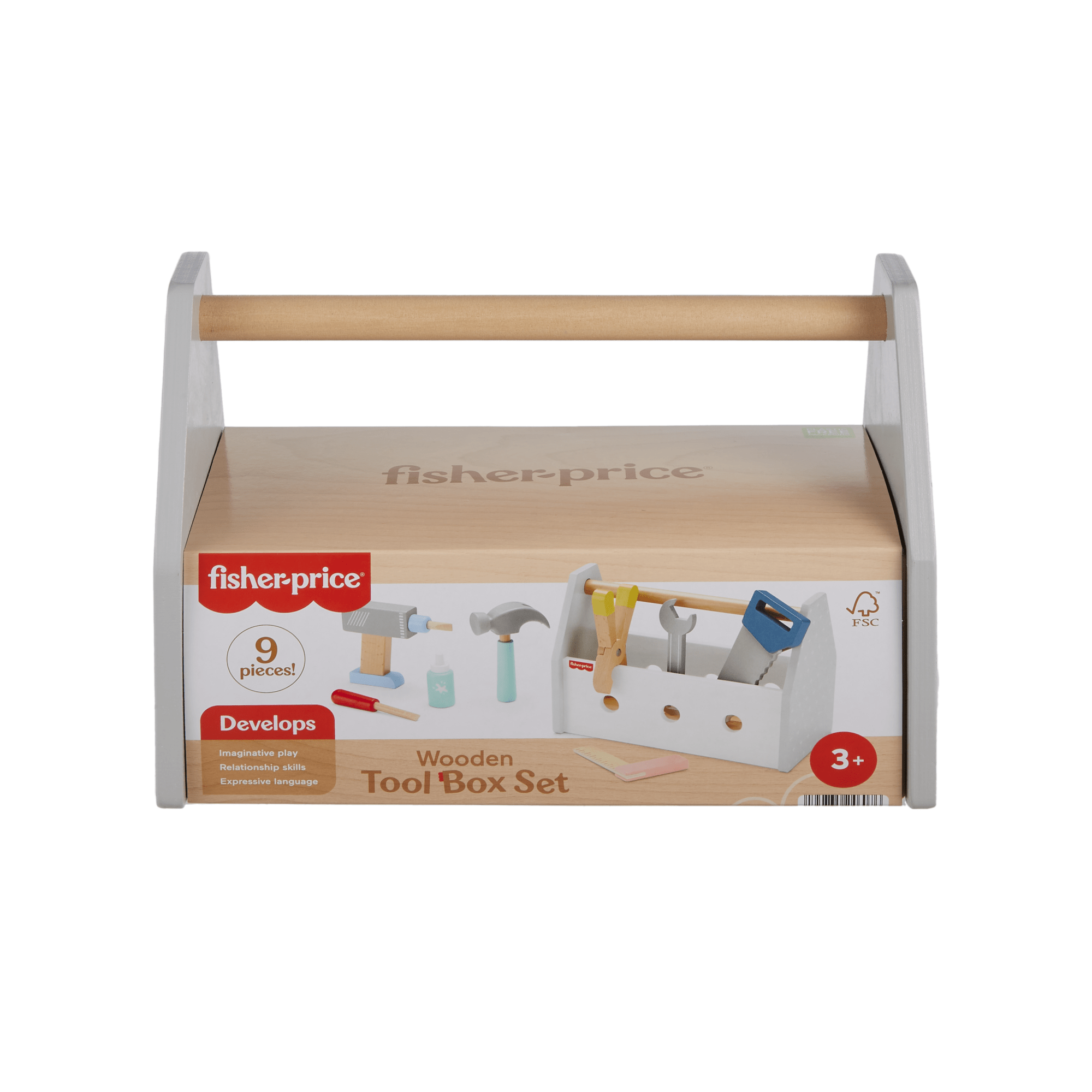 Fisher-Price Wooden Tool Box Set For Preschool Pretend Play, 9 Wood Pieces